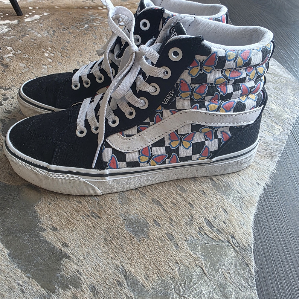 Vans Womens High-Top Sneakers - Black and White Butterfly Design